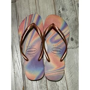 Havaianas Slim Rainbow Swirl Flip Flops Rose Gold Metallic Straps Womens 7/8